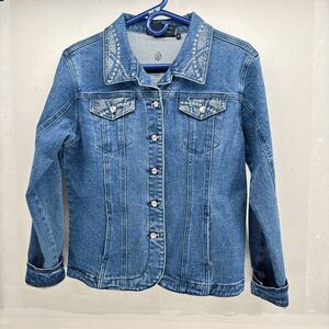 Vintage Christine Alexander Denim Jean Jacket Rhinestone Women Size Medium EUC